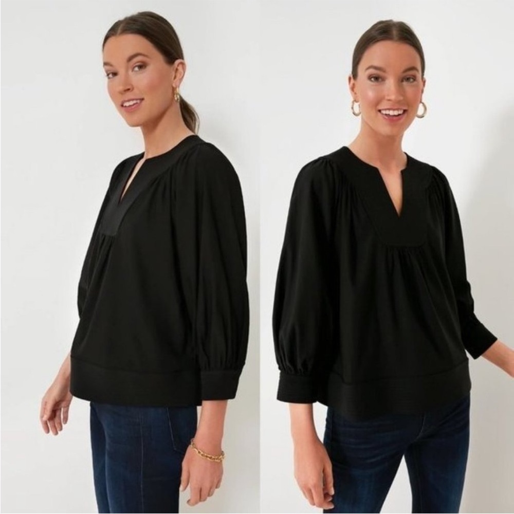 Tuckernuck Pomander Place Norella Blouse Black Long Sleeve Notched Neckline Sz S